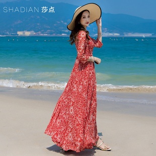 红色新中式国风旗袍连衣裙，长款女2024雪纺，长裙大摆海边沙滩裙