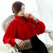 衬衫女打底长袖韩国复古法式荷叶木耳边立领大灯笼长袖红雪纺上衣