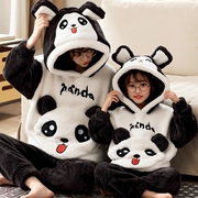 秋冬季熊猫珊瑚绒母女，亲子睡衣女童中大童加厚款法兰绒家居服套装