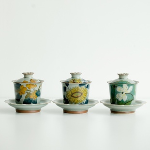 三才盖碗冰片釉纯手绘向日葵盖碗陶瓷茶碗单个功夫泡茶带盖不烫手