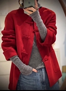 2023年货战服女装中式国风，双面羊绒大衣盘扣，中长款大红色外套