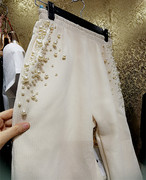 韩国秋冬独家重工满珍珠(满珍珠，)钉珠休闲灯芯绒，直筒加绒裤子长款米白色