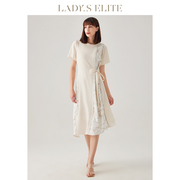 ladyselite慕裁2023秋冬印花拼接圆领，系带收腰气质短袖连衣裙