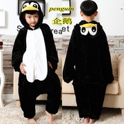 秋冬法兰绒加厚可爱企鹅 熊猫亲子卡通动物连体睡衣儿童款如厕版
