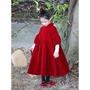 女童秋冬连衣裙红色，本命年裙子黑色泡泡袖，亲子装中大童丝绒生日裙