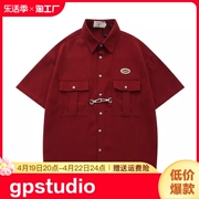 GPstudio日系复古金属扣装饰工装短袖衬衫男夏季宽松休闲半袖衬衣