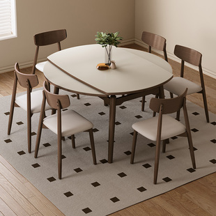 黑胡桃木色可伸缩实木，岩板餐桌可变圆桌小户型，家用原木中古风饭桌