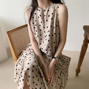 韩国chic夏季优雅圆领，拉链设计感宽松休闲长款大摆型波点连衣裙女