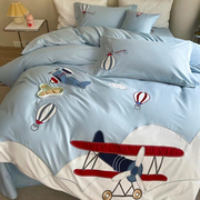 蓝色儿童飞机刺绣，全棉四件套高档纯棉床上用品，卡通可爱床单被套