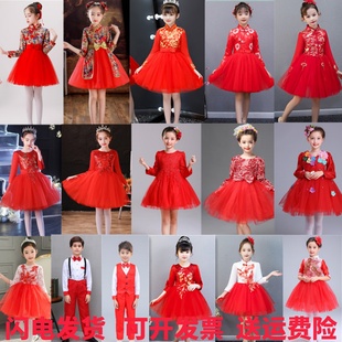 元旦儿童演出服长袖红色女童蓬蓬公主裙小学生合唱幼儿舞蹈表演服