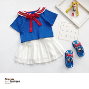 女童海军风套装裙夏季短袖上衣，洋气日系学院儿童雪纺半身裙两件套
