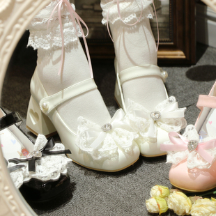 公主舞会久久Lolita原创法式优雅蕾丝蝴蝶结玛丽珍方头粗跟女单鞋