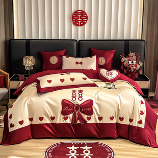 公主风结婚四件套新婚床上用品全棉，红色喜庆100支长绒棉抱枕六件4
