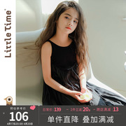 littletime女童黑色连衣裙2024春秋，复古肌理裙春夏无袖吊带裙