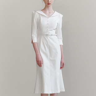 今年流行漂亮裙子优雅精致鱼尾连衣裙女气质收腰白色七分袖长裙