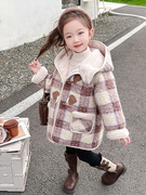定制女童冬季格子呢大衣2023韩版洋气宝宝冬装中长款儿童加厚