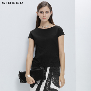 sdeer圣迪奥女装夏装对称压褶落肩通勤黑色清凉雪纺衬衫S20280426