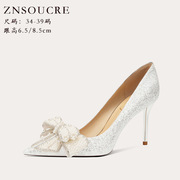 法式羊皮高跟鞋2024春夏感珍珠蝴蝶结尖头细跟仙女白色女单鞋
