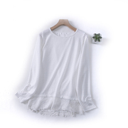 d11-1秋季女装圆领条纹蕾丝雪纺，拼接假两件宽松休闲长袖t恤衫