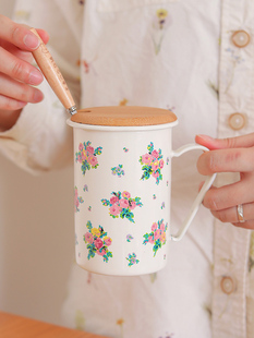 老麦自制法式田园花朵复古搪瓷水杯咖啡杯马克杯早餐杯带盖