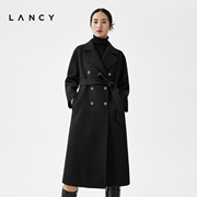 lancy朗姿2023秋冬黑色，经典羊毛羊绒，大衣女法式长款毛呢外套