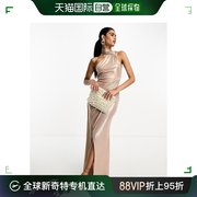 香港直邮潮奢asos女士设计单肩垂褶，绑带细节玫瑰金色长款连衣裙