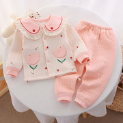 婴幼儿套装纯棉保暖分体式衣服，女宝宝外出春秋长袖，打底小孩夹棉衣