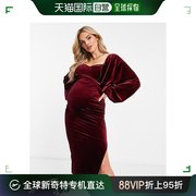 香港直邮潮奢maternity女士，设计孕妇装蝙蝠袖天鹅绒，中长连衣裙(