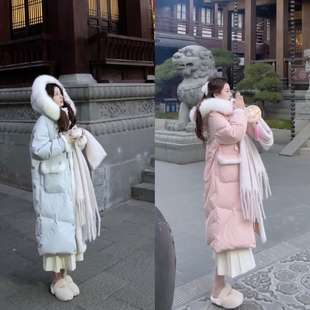 新中式国风棉衣女冬季加厚保暖中长款连帽大毛领羽绒棉服外套