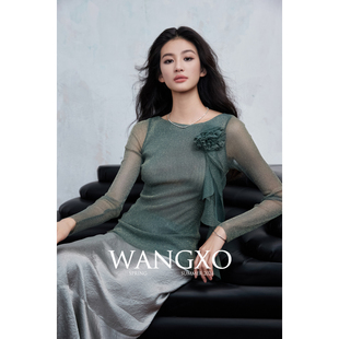 WANGXO｜弹力亮丝针织网纱｜前后双层设计立体花卉飘带长袖上衣女