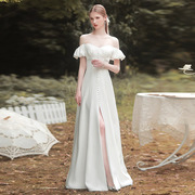 法式轻婚纱2024新娘气质优雅感缎面一字肩领证出门轻婚纱礼服