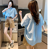 韩国东大门2024夏季条纹衬衫，女宽松上衣，polo领短袖棉麻休闲衬衣潮