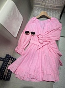 甜美浪漫单品圆领长袖收腰系带粉色刺绣连衣裙，女2023年夏季