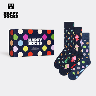 Happy Socks袜子女男袜春秋款深蓝棉袜中筒袜3双装礼盒