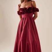 红色晚礼服2024春季宴会晚会立体玫瑰花性感，露肩吊带连衣裙长裙