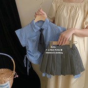 女童学院风套装裙裤假两件jk套装条纹衬衫，领带百褶西装半身裙夏季