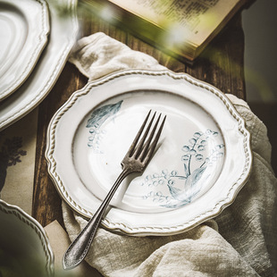 法式ins复古铃兰花陶瓷餐具日式餐盘菜盘子浮雕家用深盘碗高级感