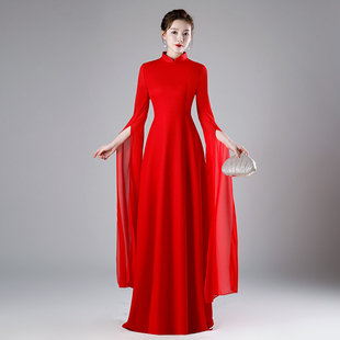 红色走秀旗袍年轻款舞台演出服大合唱礼服女长裙中国风连衣裙