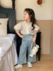 韩国女童v领绣花蕾丝，雪纺衬衫短袖，复古蓝碎花微喇叭裤2023年春夏