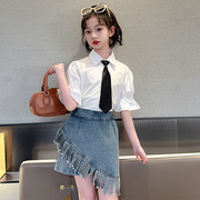 女童夏季短袖衬衫牛仔短裤裙套装2024韩版儿童洋气轻薄两件套