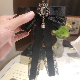黑色蝴蝶结蕾丝日系领口，水钻装饰jk领花，衬衫校服制服毛衣扣针领结