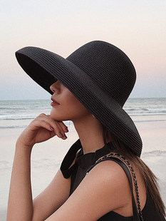 复古法式赫本黑色网红草帽，遮阳帽防晒海边沙滩帽子女，夏大沿(夏大沿)太阳帽