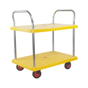 黄色双层塑料手推车静音多层平板置物车可移动工具小推车物流车运