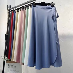 纯色高腰雪纺韩版系带一片式半身裙中长款a字沙滩裹裙子长裙