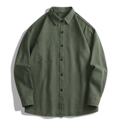 军绿色纯棉衬衫男秋季长袖，t恤简约纯色有口袋轻商务休闲衬衣