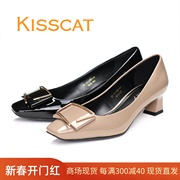 kisscat接吻猫202438501低跟方头漆牛皮女单鞋，ka48501-11