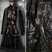 黑色岩石暗彩烫金再造皮革布，褶皱感外套裤裙，创意服装设计师面料