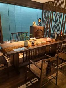 新中式黑胡桃实木茶桌椅组合办公室，别墅设计师岩板泡茶桌高端定制