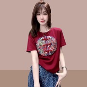 新中式红色短袖t恤女夏季中国风刺绣盘扣，民族风纯棉正肩上衣