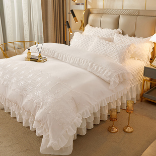 韩版公主风夹棉绗缝床盖，款四件套纯白色，花边被套四季通用床上用品